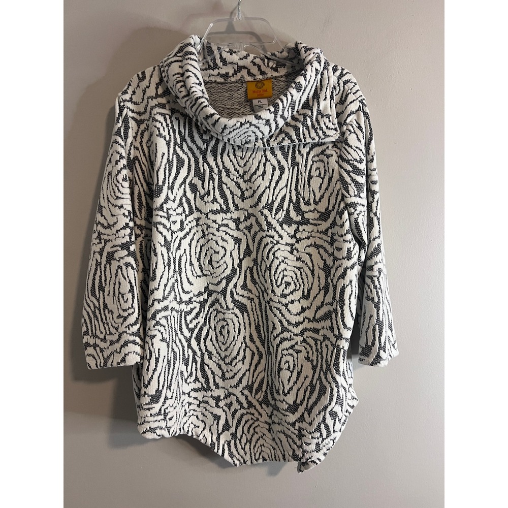 Ruby Rd Petite Black White Rose Swirl Cowl Neck Asymmetrical Top PL 22352 IA